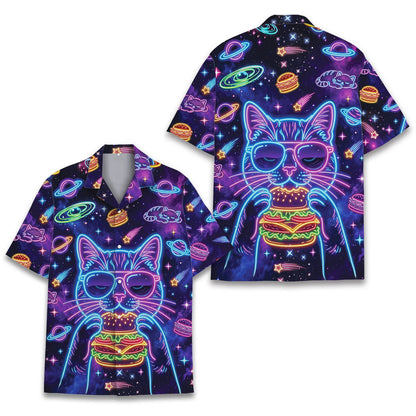 Detail view of the space cat and flying burgers fabric pattern