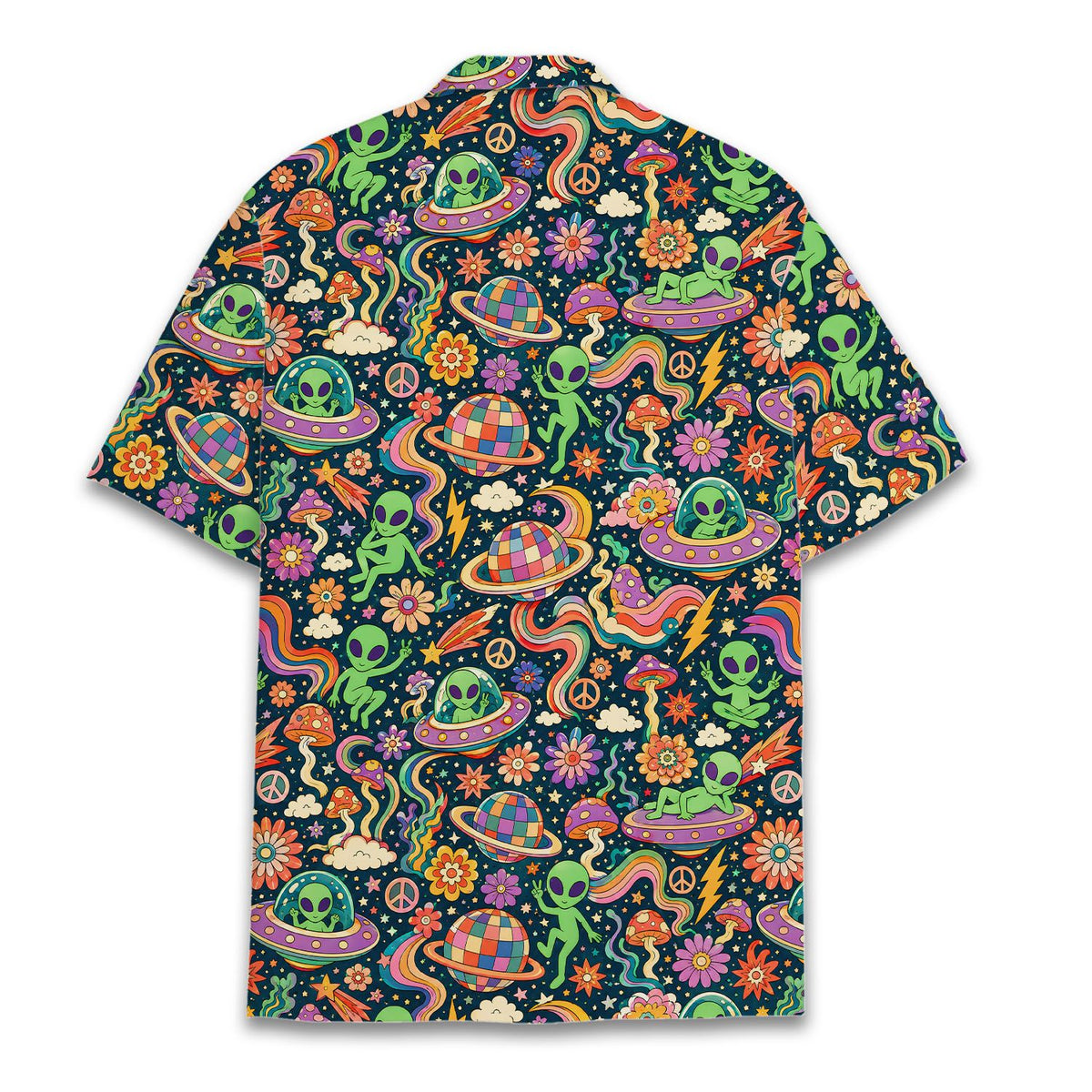 Back view of the space hawaiian shirt showing the continuous psychedelic pattern