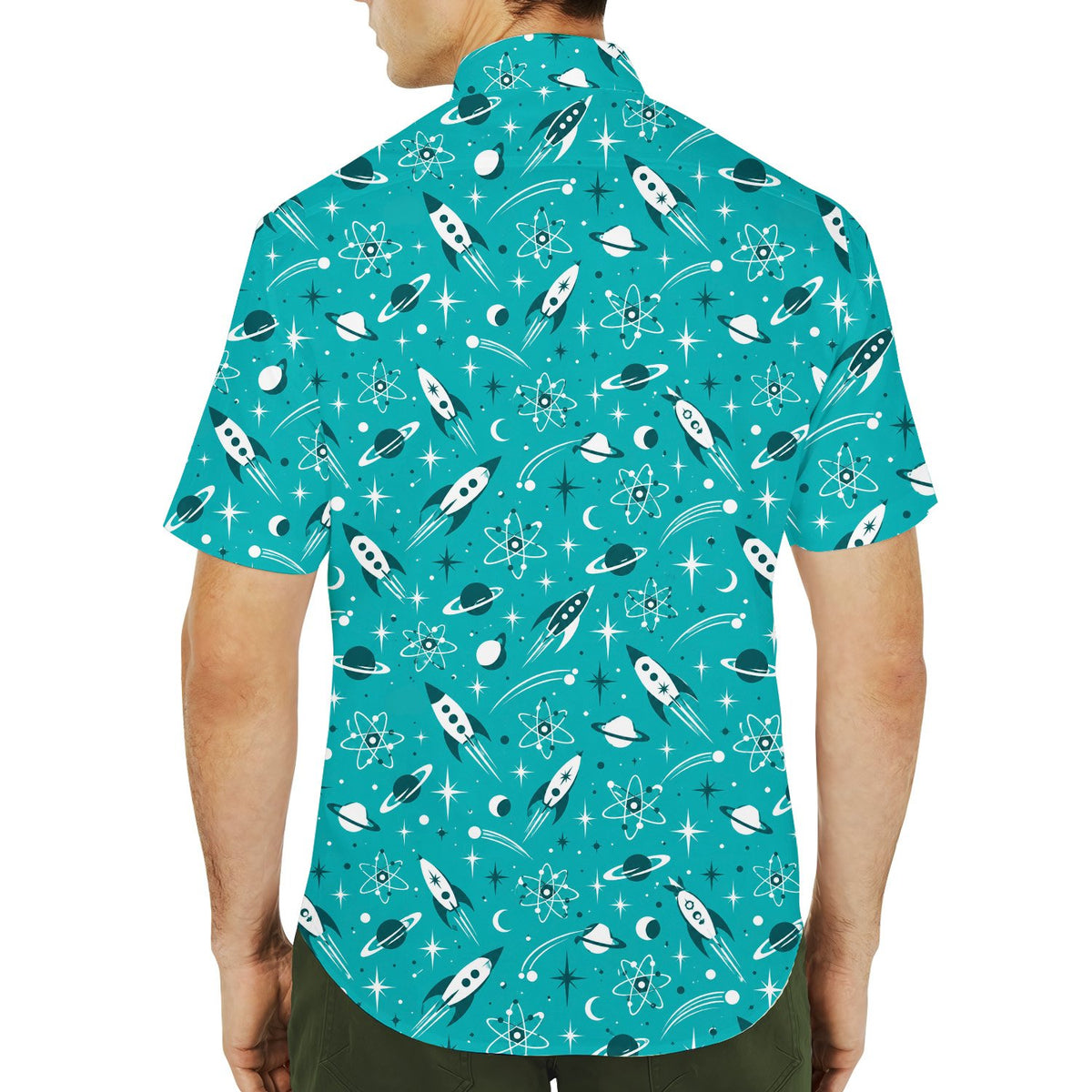 Back view of the teal retro space Hawaiian shirt
