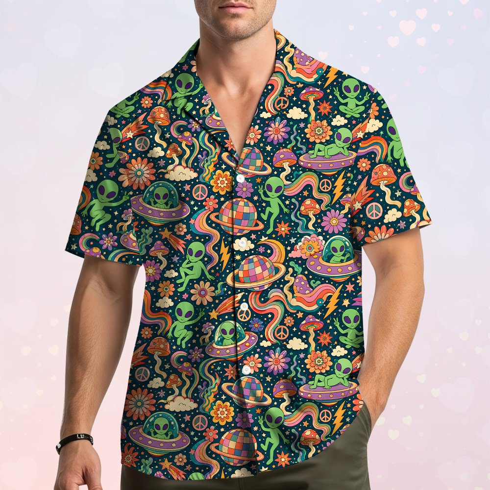 Front view of the matching family hawaiian shirts retro space design