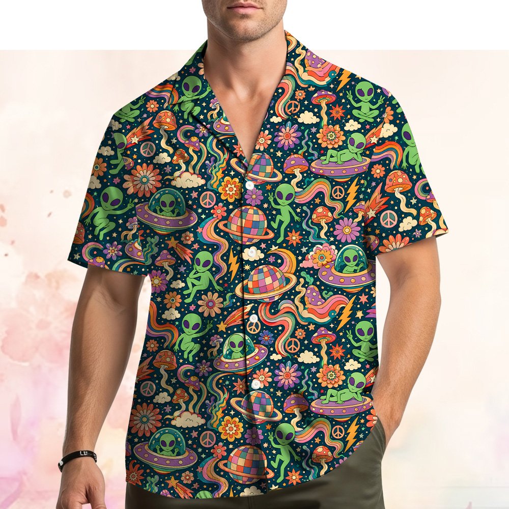 Another front angle of the retro space hawaiian shirt on model