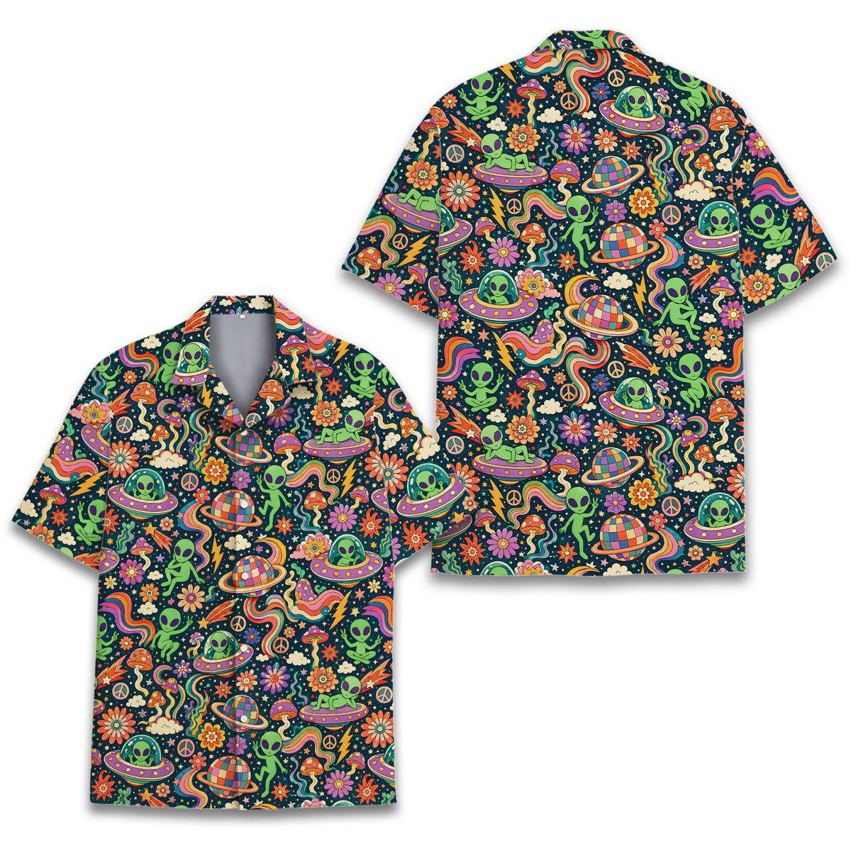Close-up front view of the space hawaiian shirt showcasing the alien and flying saucer details