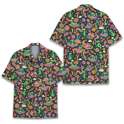 Close-up front view of the space hawaiian shirt showcasing the alien and flying saucer details