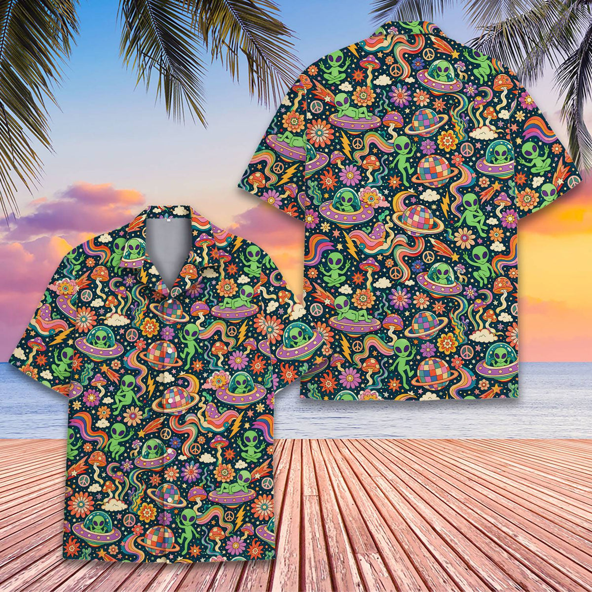 Lifestyle front view of the retro space hawaiian shirt