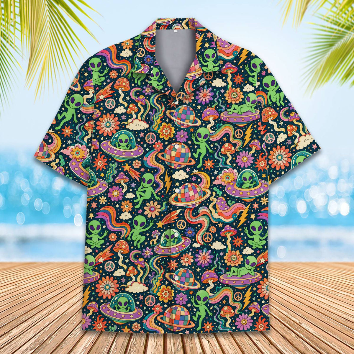 Detailed front view showing the collar and button-down style of the retro space hawaiian shirt