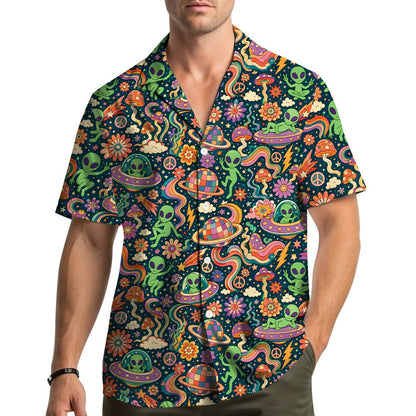 Front view of the space hawaiian shirt on model