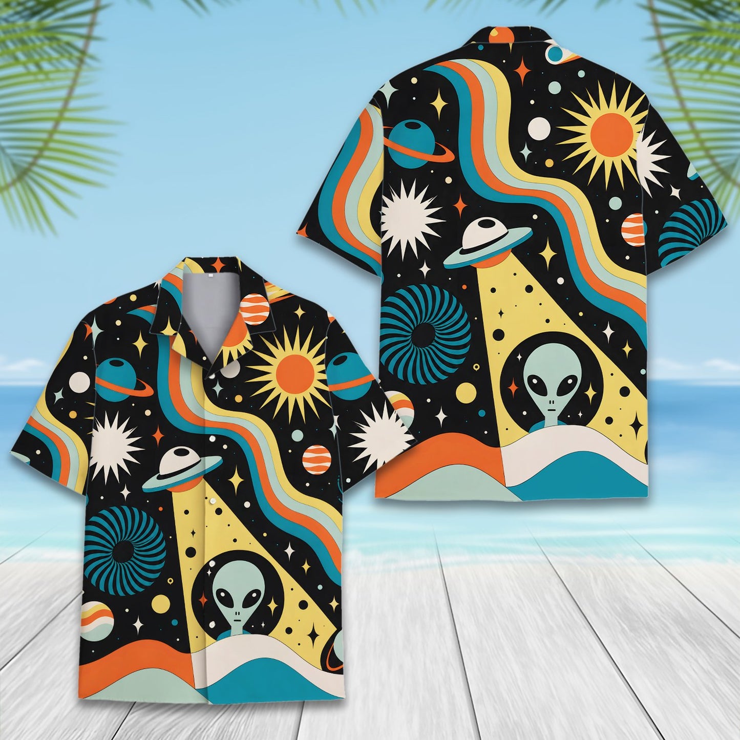Front view of a space themed hawaiian shirt featuring a flying saucer and alien head