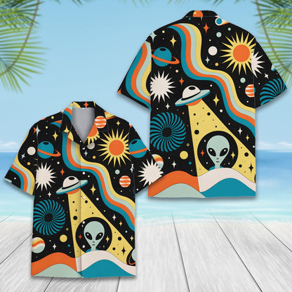 Front view of a space themed hawaiian shirt featuring a flying saucer and alien head