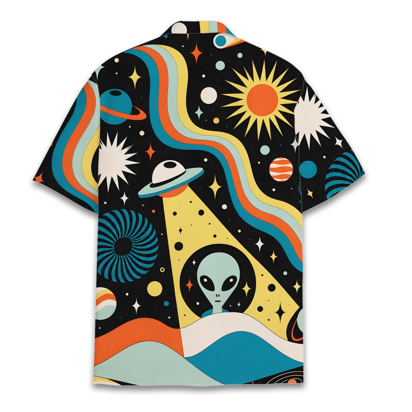 Detail view of the space hawaiian shirt showing colorful planets and wavy stripes