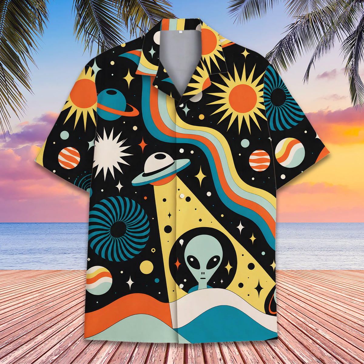 Alternative front view of the retro space hawaiian shirt for matching family outfits