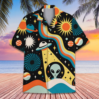Alternative front view of the retro space hawaiian shirt for matching family outfits