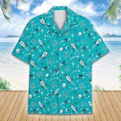 Detail view of the teal matching family hawaiian shirt collar and buttons