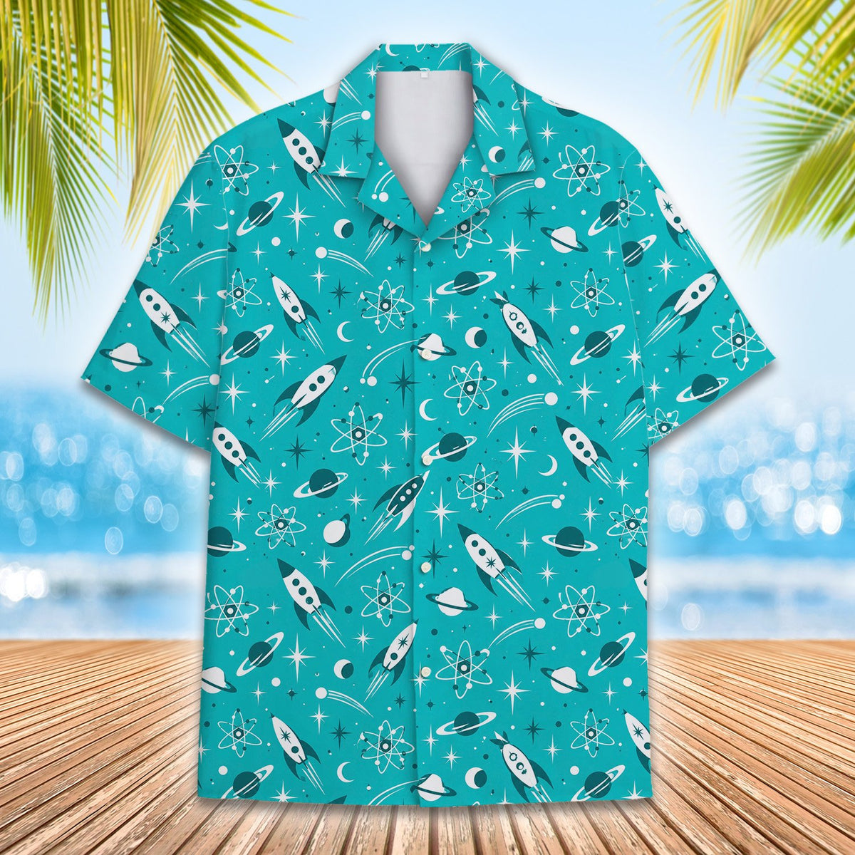 Alternative front view of the retro space teal Hawaiian shirt