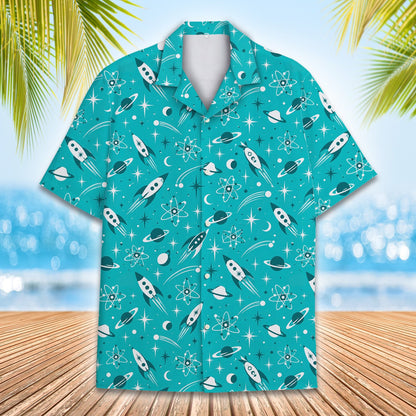 Alternative front view of the retro space teal Hawaiian shirt