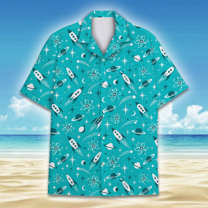 Matching family Hawaiian shirt in bright teal with a retro space pattern, main view