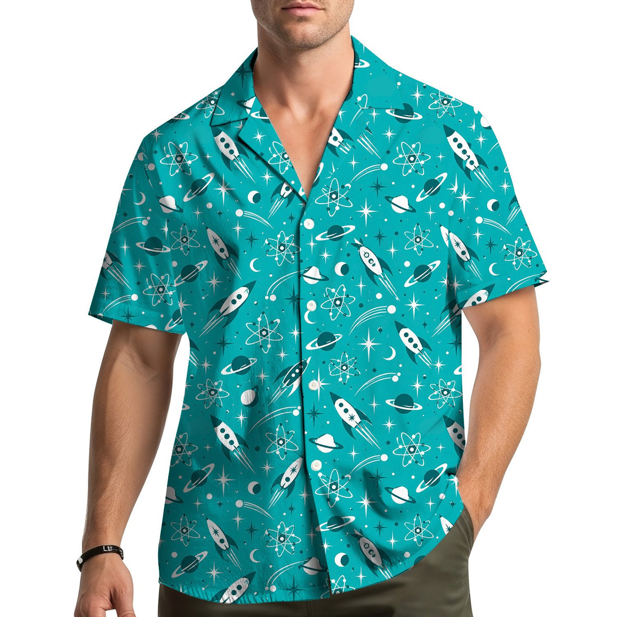 Lifestyle view of a family wearing the teal retro hawaiian shirt
