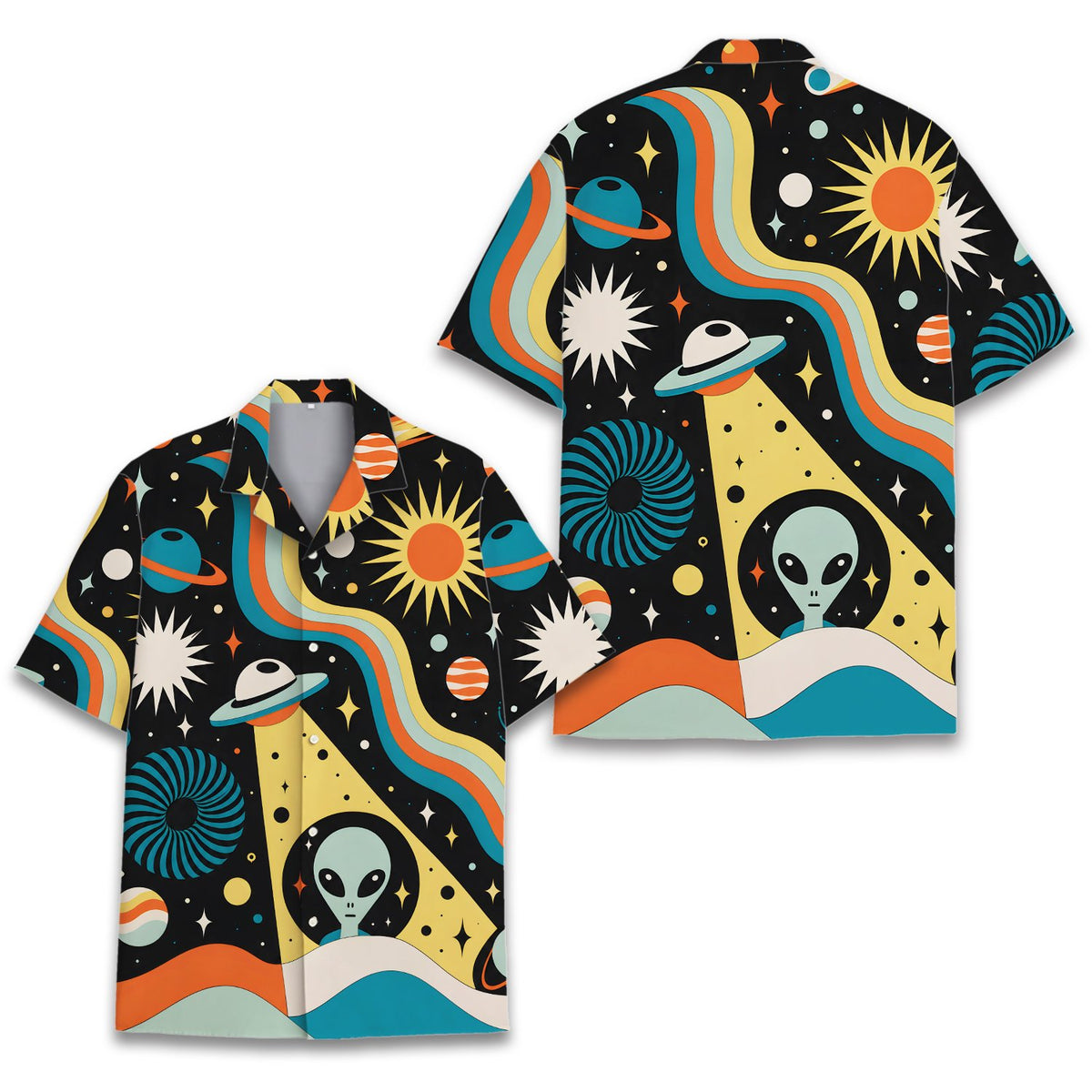 Close-up of the flying saucer beaming up an alien on the retro hawaiian shirt