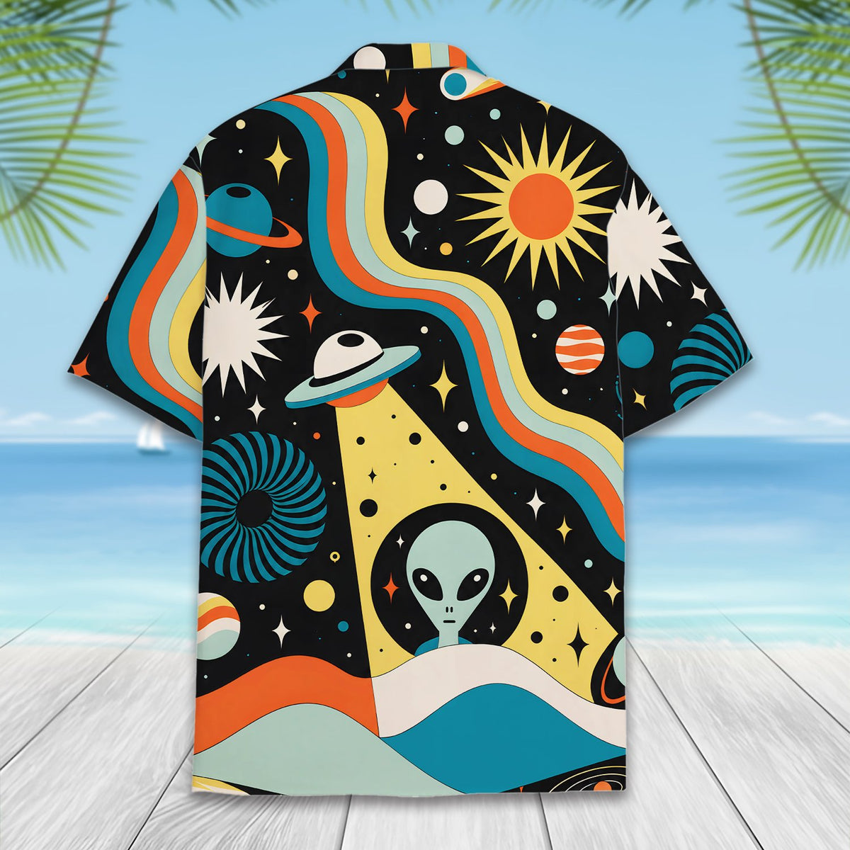Detail view of the black and multicolor space themed hawaiian shirt fabric