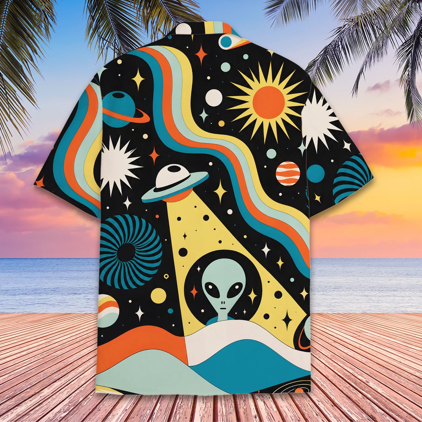 Close-up highlighting the yellow and teal suns and stars on the retro shirt