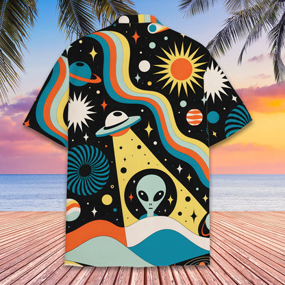 Close-up highlighting the yellow and teal suns and stars on the retro shirt