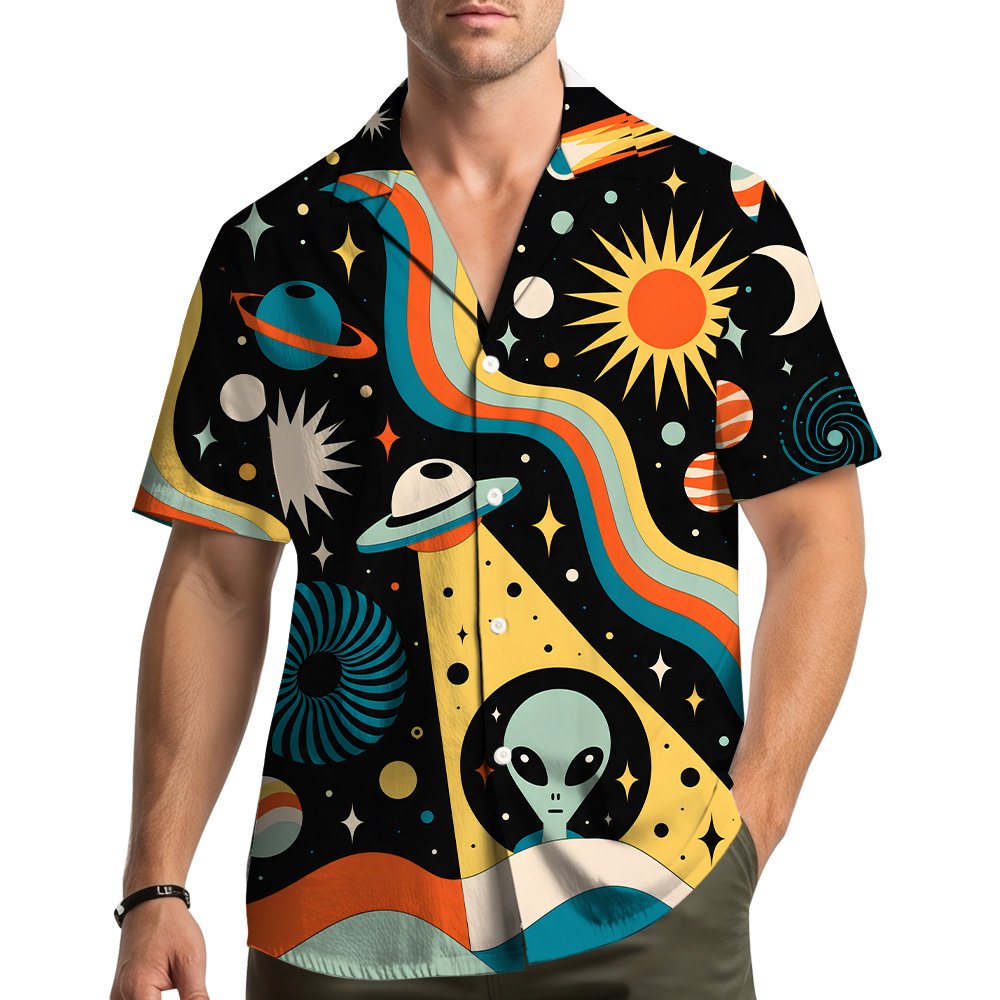 Detail view showing the polyester fabric texture of the space hawaiian shirt