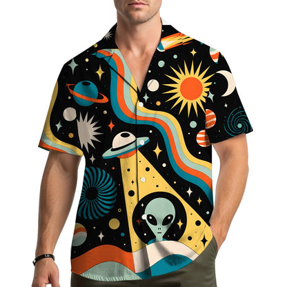 Detail view showing the polyester fabric texture of the space hawaiian shirt