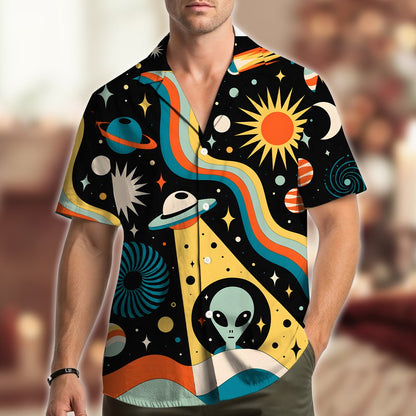 Close-up of the button-up placket on the matching family retro space shirt
