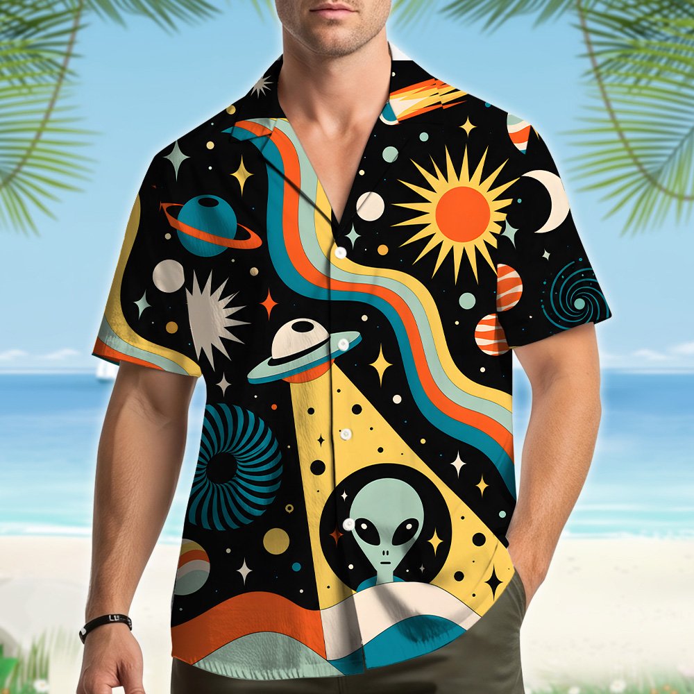 Back view of the space themed hawaiian shirt displaying the vibrant cosmos pattern