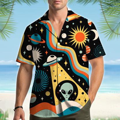 Back view of the space themed hawaiian shirt displaying the vibrant cosmos pattern