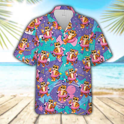 Main view of the retro summer hawaiian shirt featuring a cartoon tiger and flamingo design.