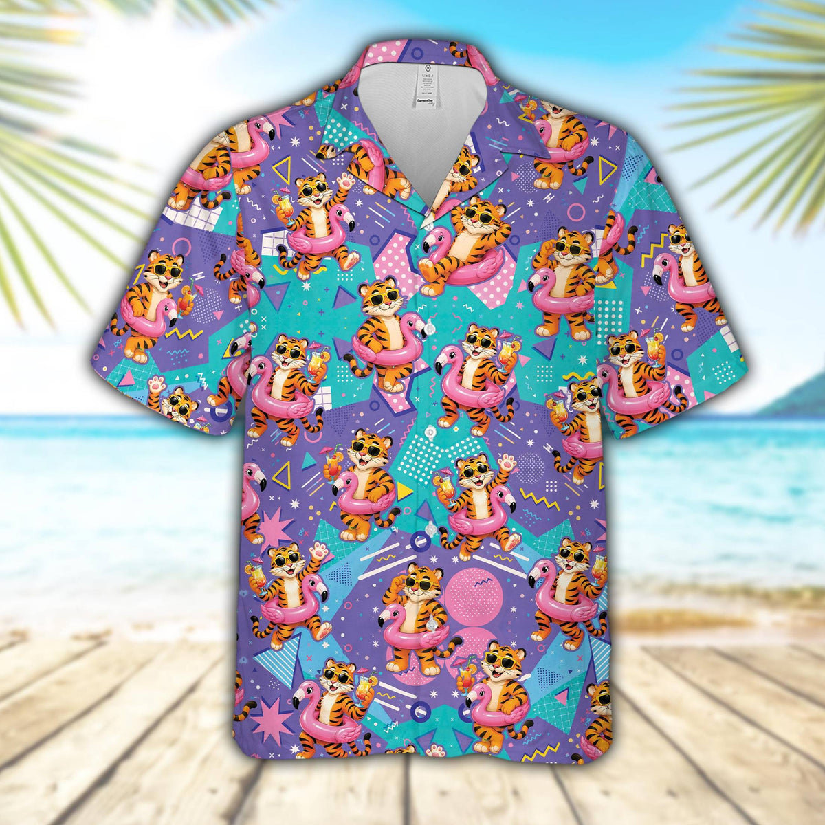 Front view of the purple and teal matching family hawaiian shirts with 90s retro pattern.
