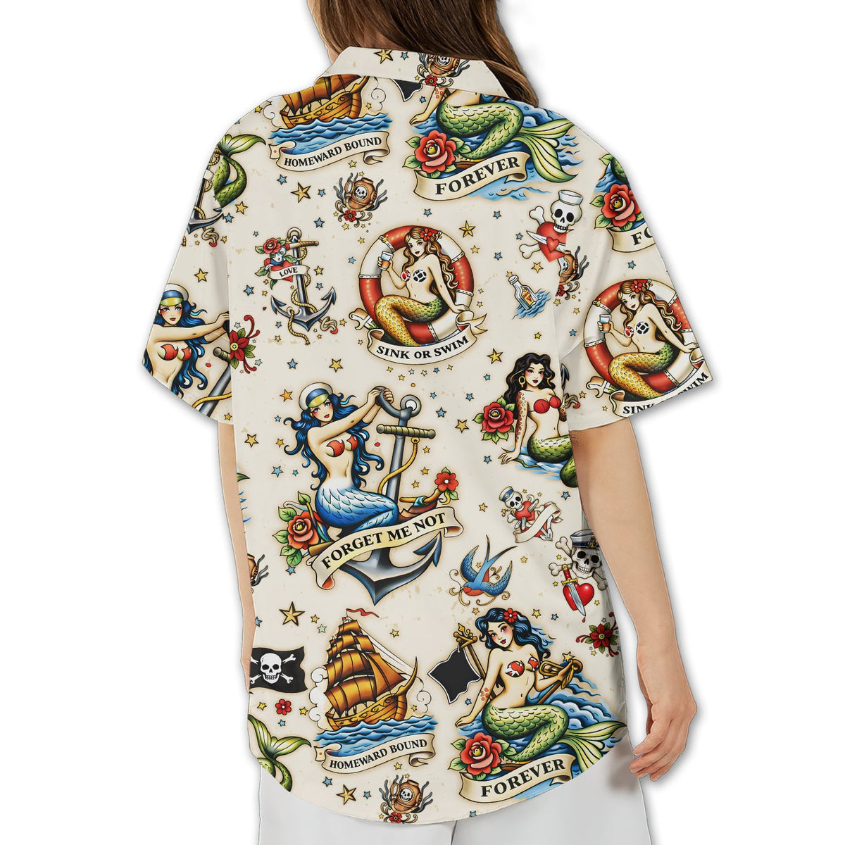 Back view of the beige retro tattoo flash hawaiian shirt with traditional tattoo designs