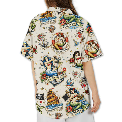 Back view of the beige retro tattoo flash hawaiian shirt with traditional tattoo designs