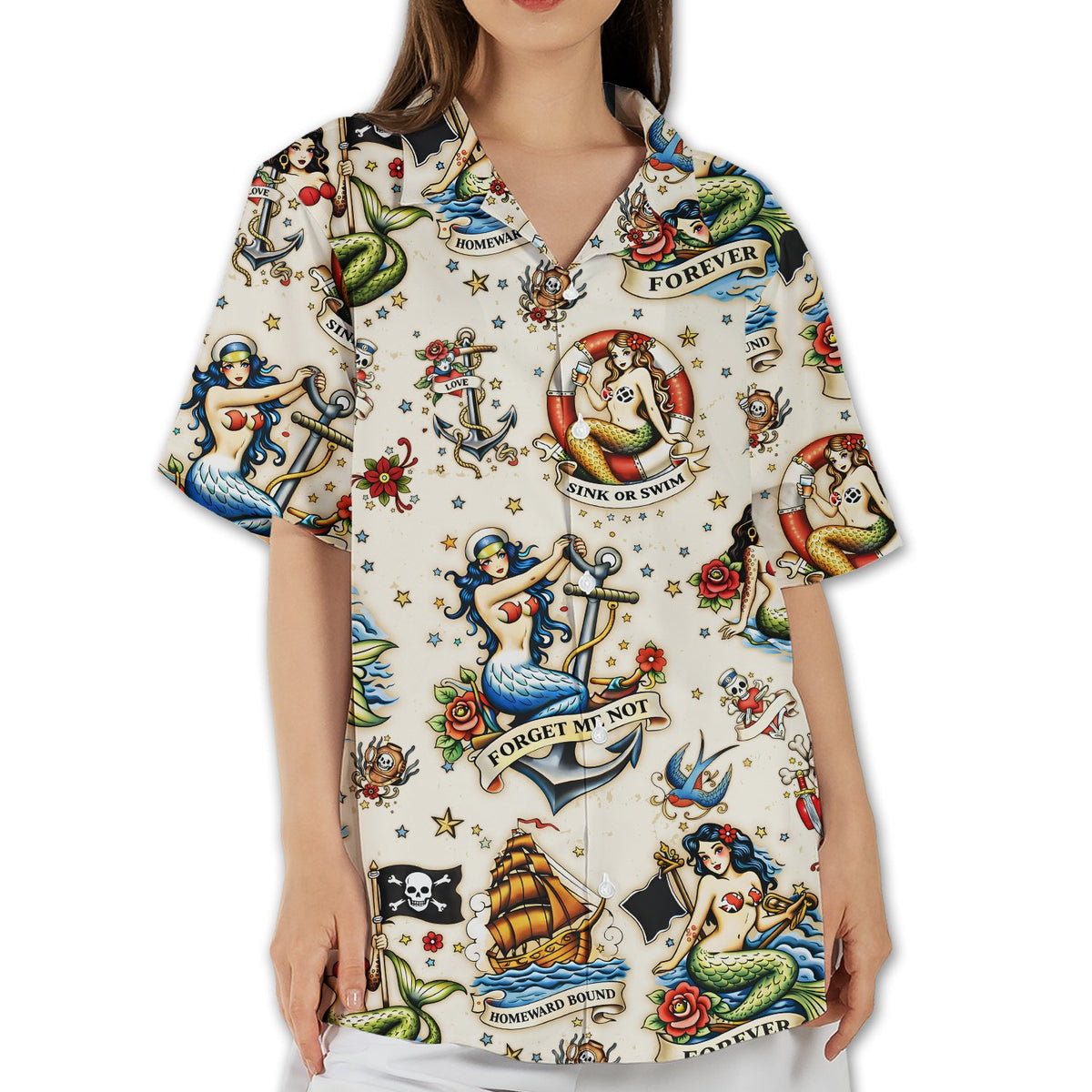 Front view of the beige retro tattoo flash hawaiian shirt