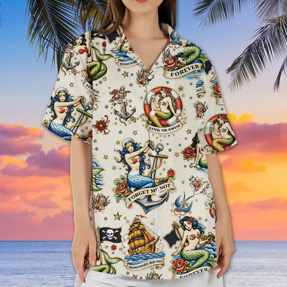 Third lifestyle view showcasing the retro tattoo flash patterned hawaiian shirt