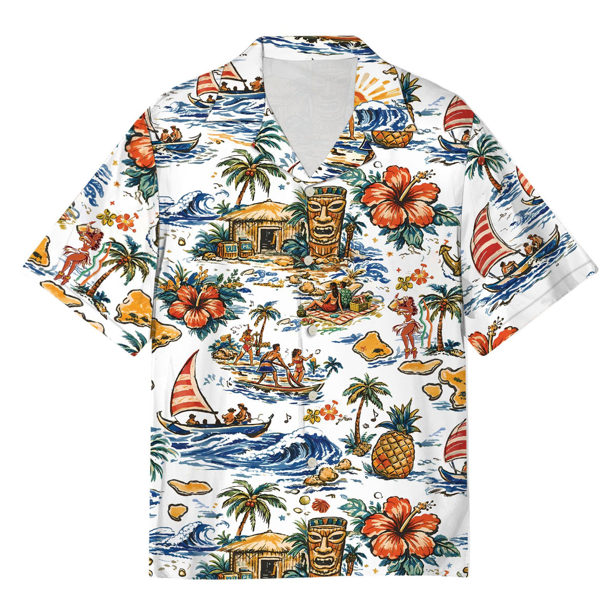 Retro tropical hawaiian shirt featuring tiki masks and palm trees, front view