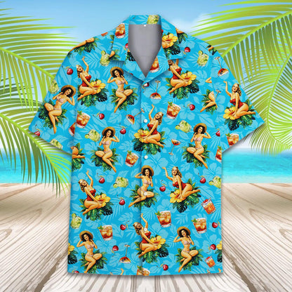 Adult modeling the retro tropical hawaiian shirt, front angle