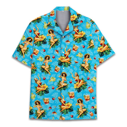 Close-up front view of the tropical pin-up hawaiian shirt pattern