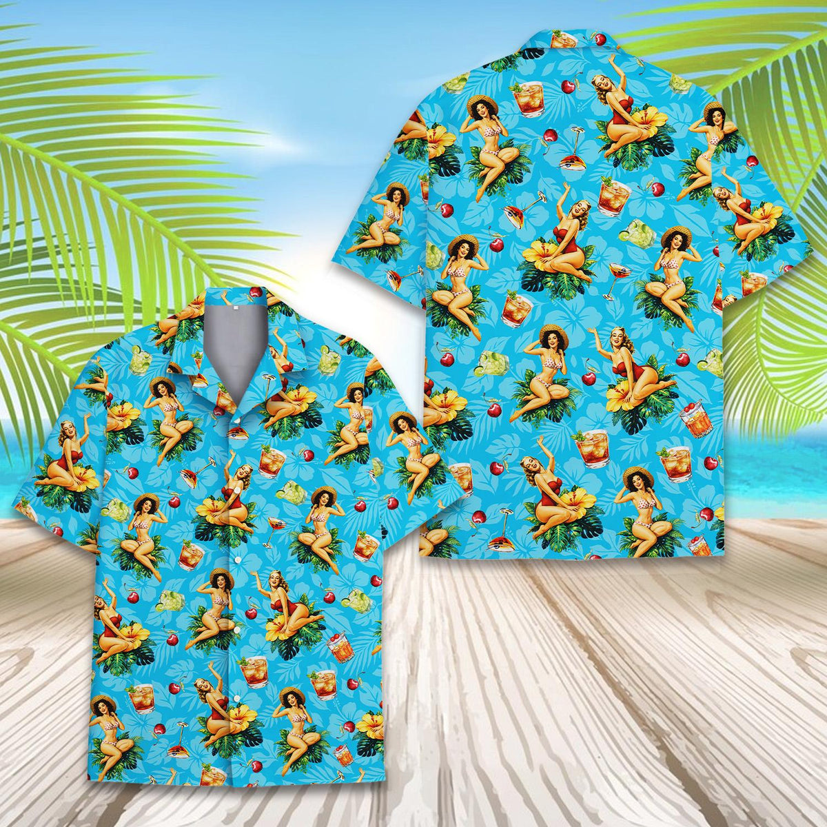 Another front view showing the collar and button details of the hawaiian shirt