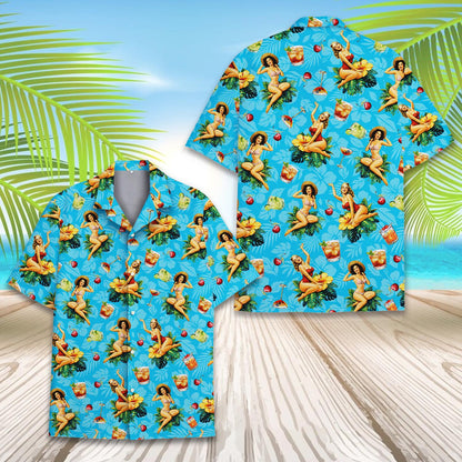 Another front view showing the collar and button details of the hawaiian shirt