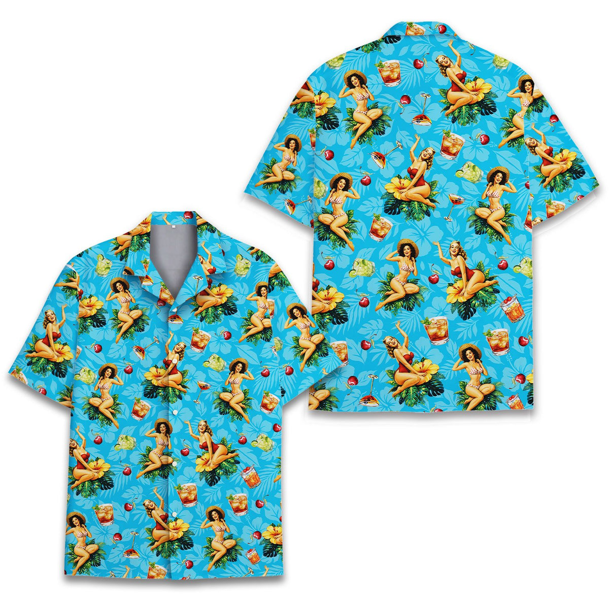 Front styling of the light blue matching family hawaiian shirt