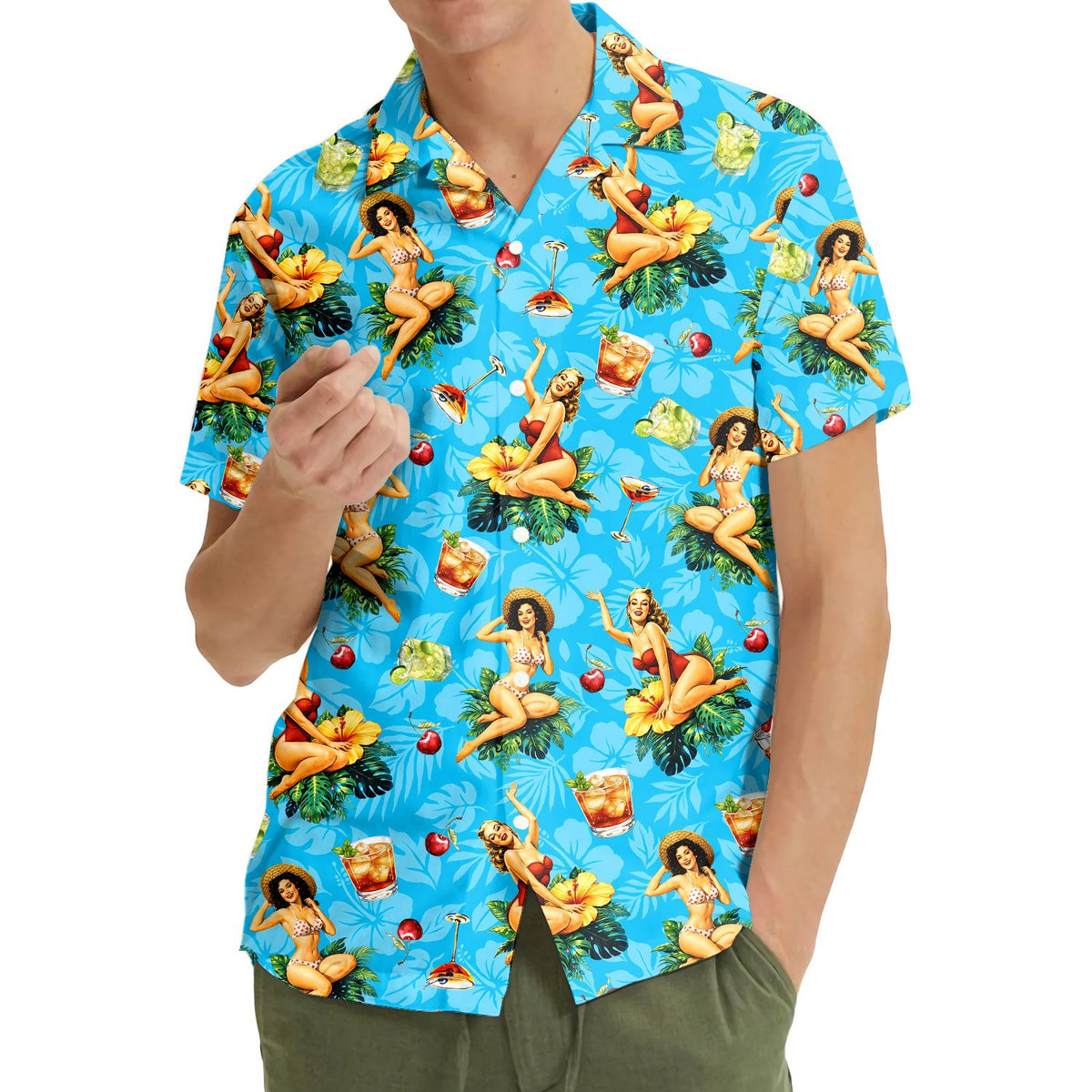 Front view of light blue retro tropical hawaiian shirt