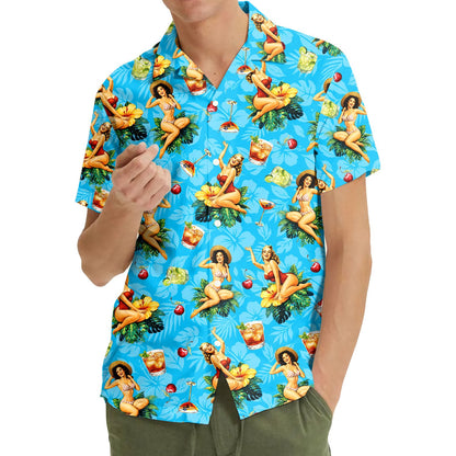 Retro tropical hawaiian shirt with pin-up girl motif, main front view