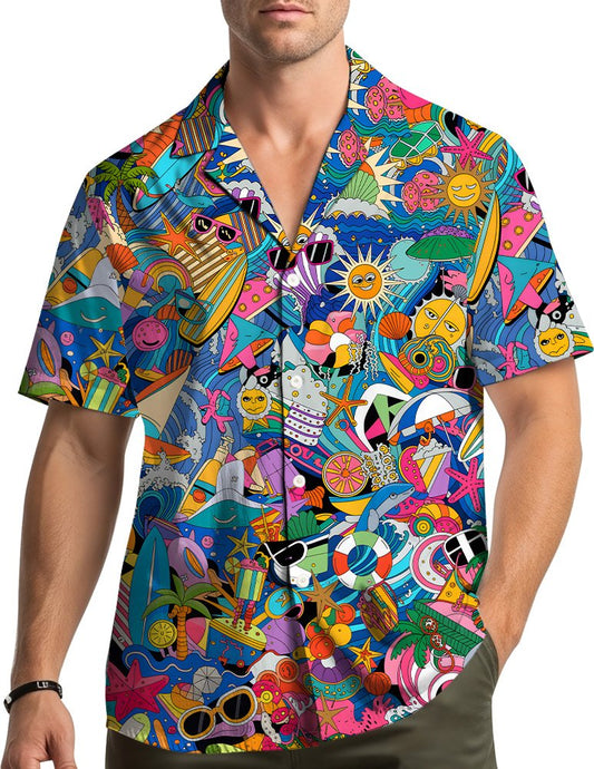 Main view of the blue retro Hawaiian shirt featuring a vibrant pop art tropical print