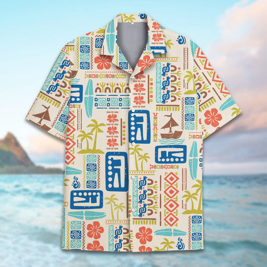 Main view of the retro tropical hawaiian shirt featuring vintage sailboats and palm trees on a beige background