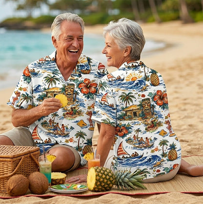 Another lifestyle view of retro tropical hawaiian shirt