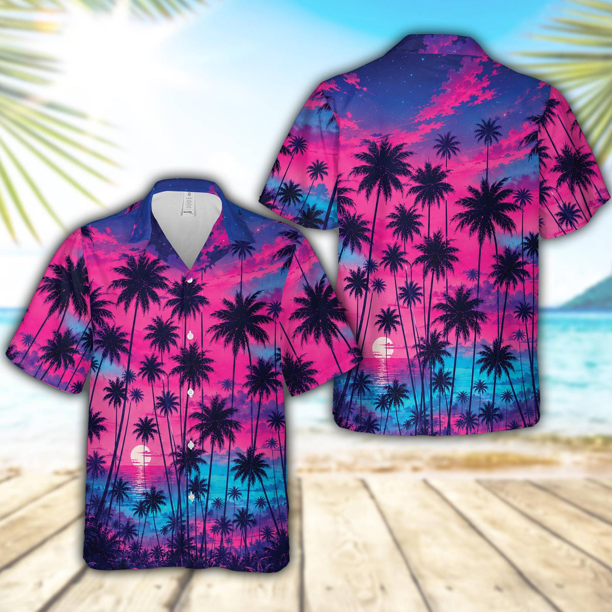 Matching family hawaiian shirts with retro tropical sunset design in pink and purple, main view