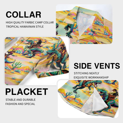 Close-up fabric detail of the neon dinosaur rider print on the Hawaiian shirt