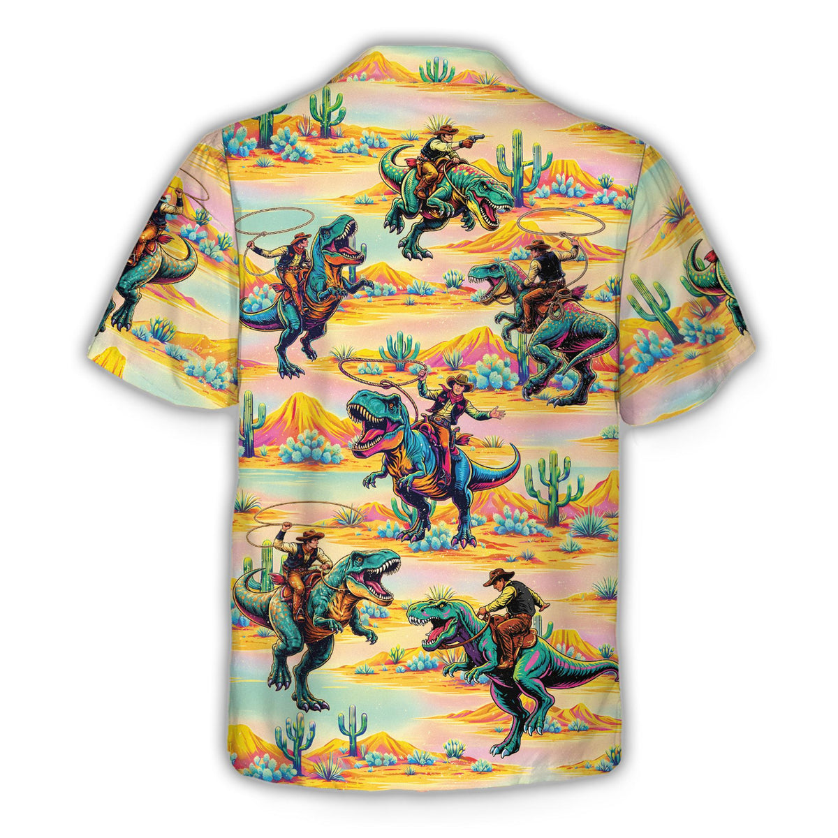 Back view of the rodeo T-Rex neon Hawaiian shirt with all-over desert pattern