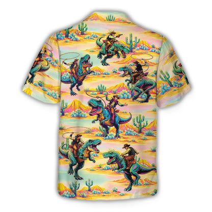 Back view of the rodeo T-Rex neon Hawaiian shirt with all-over desert pattern